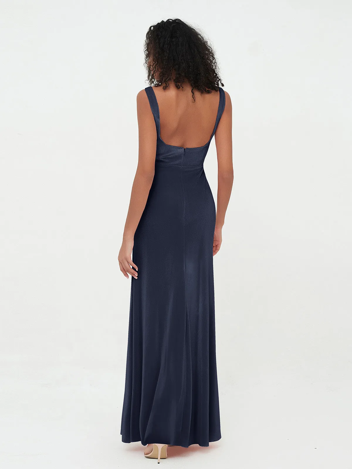 Bateau Neck Mermaid Long Velvet Dresses Dark Navy Plus Size