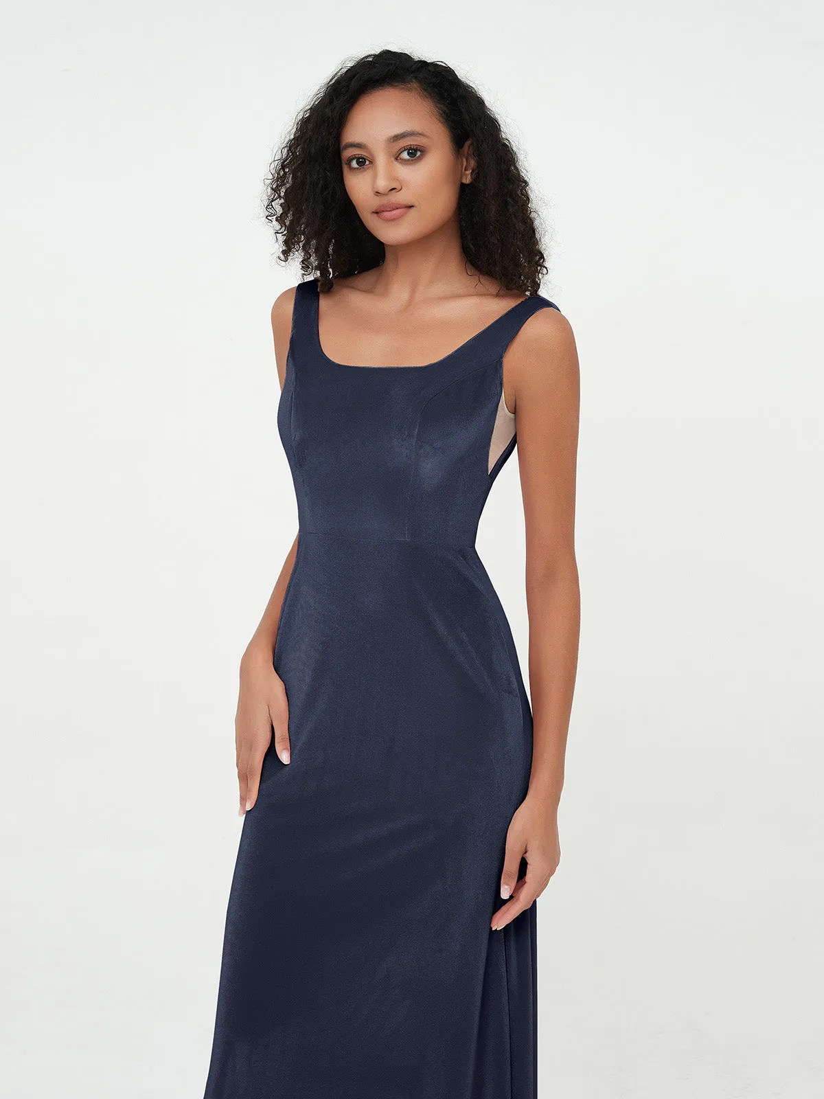 Bateau Neck Mermaid Long Velvet Dresses Dark Navy Plus Size