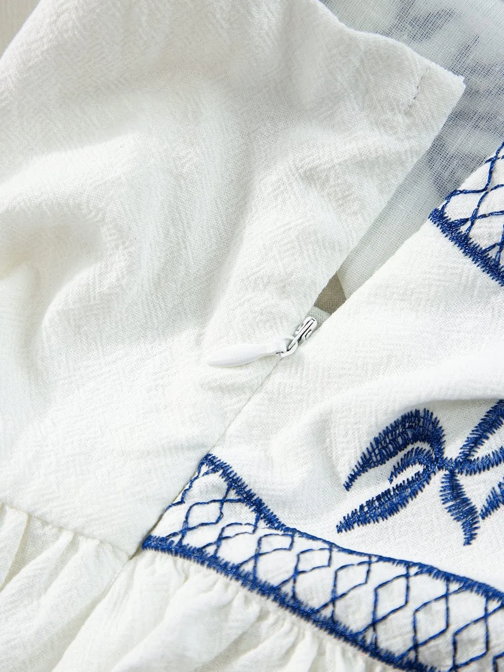 Blue and White Floral Embroidered Peasant Blouse