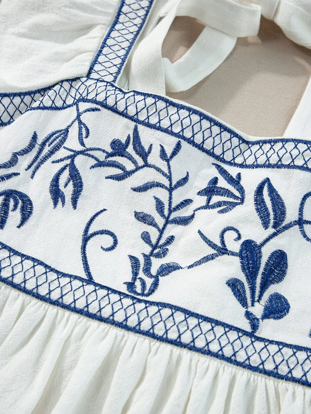 Blue and White Floral Embroidered Peasant Blouse