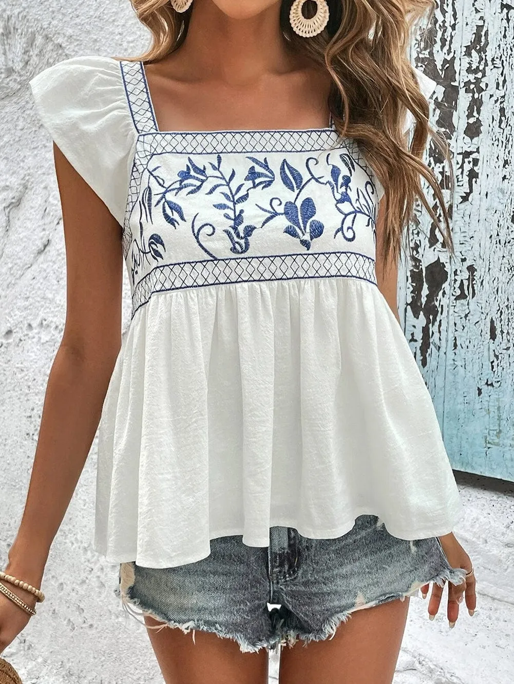 Blue and White Floral Embroidered Peasant Blouse