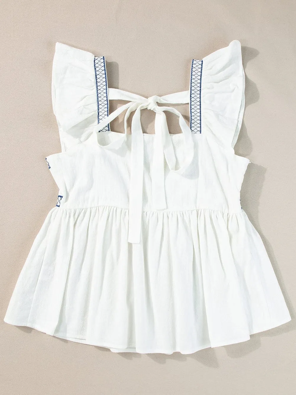 Blue and White Floral Embroidered Peasant Blouse