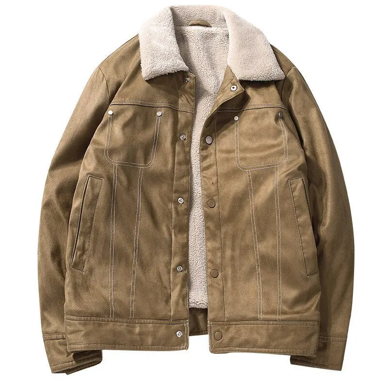Bonsir Winter Men's Suede Fleece Jackets Khaki Casual Warm Cotton Coat Khaki Thermal Windbreaker for Male