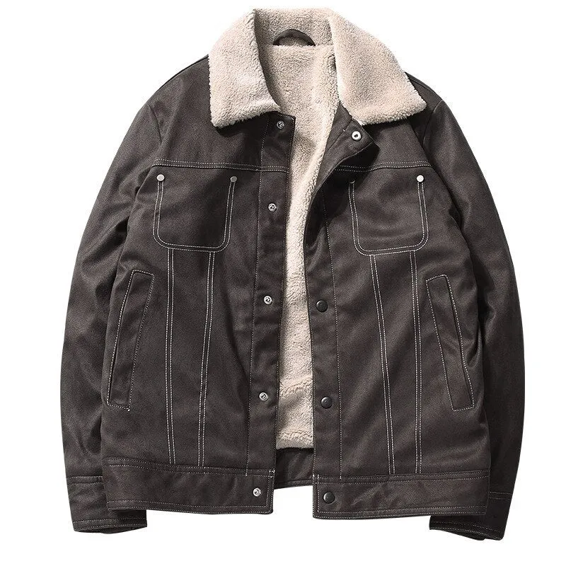 Bonsir Winter Men's Suede Fleece Jackets Khaki Casual Warm Cotton Coat Khaki Thermal Windbreaker for Male