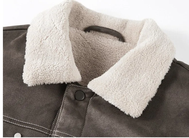 Bonsir Winter Men's Suede Fleece Jackets Khaki Casual Warm Cotton Coat Khaki Thermal Windbreaker for Male