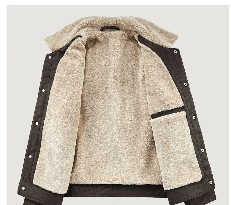 Bonsir Winter Men's Suede Fleece Jackets Khaki Casual Warm Cotton Coat Khaki Thermal Windbreaker for Male