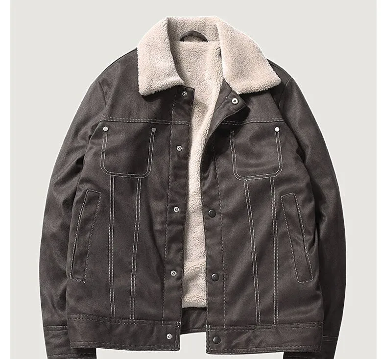 Bonsir Winter Men's Suede Fleece Jackets Khaki Casual Warm Cotton Coat Khaki Thermal Windbreaker for Male