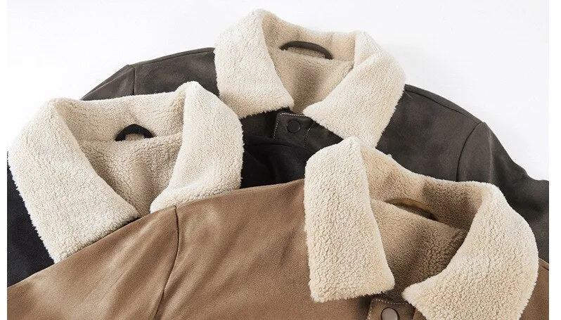 Bonsir Winter Men's Suede Fleece Jackets Khaki Casual Warm Cotton Coat Khaki Thermal Windbreaker for Male
