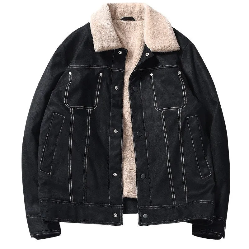 Bonsir Winter Men's Suede Fleece Jackets Khaki Casual Warm Cotton Coat Khaki Thermal Windbreaker for Male