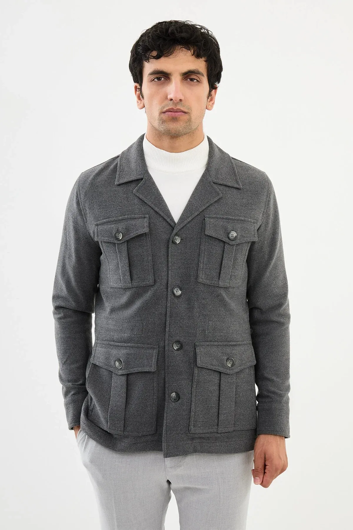 Brabion Eden Safari Plain Gray Slim Fit Coat