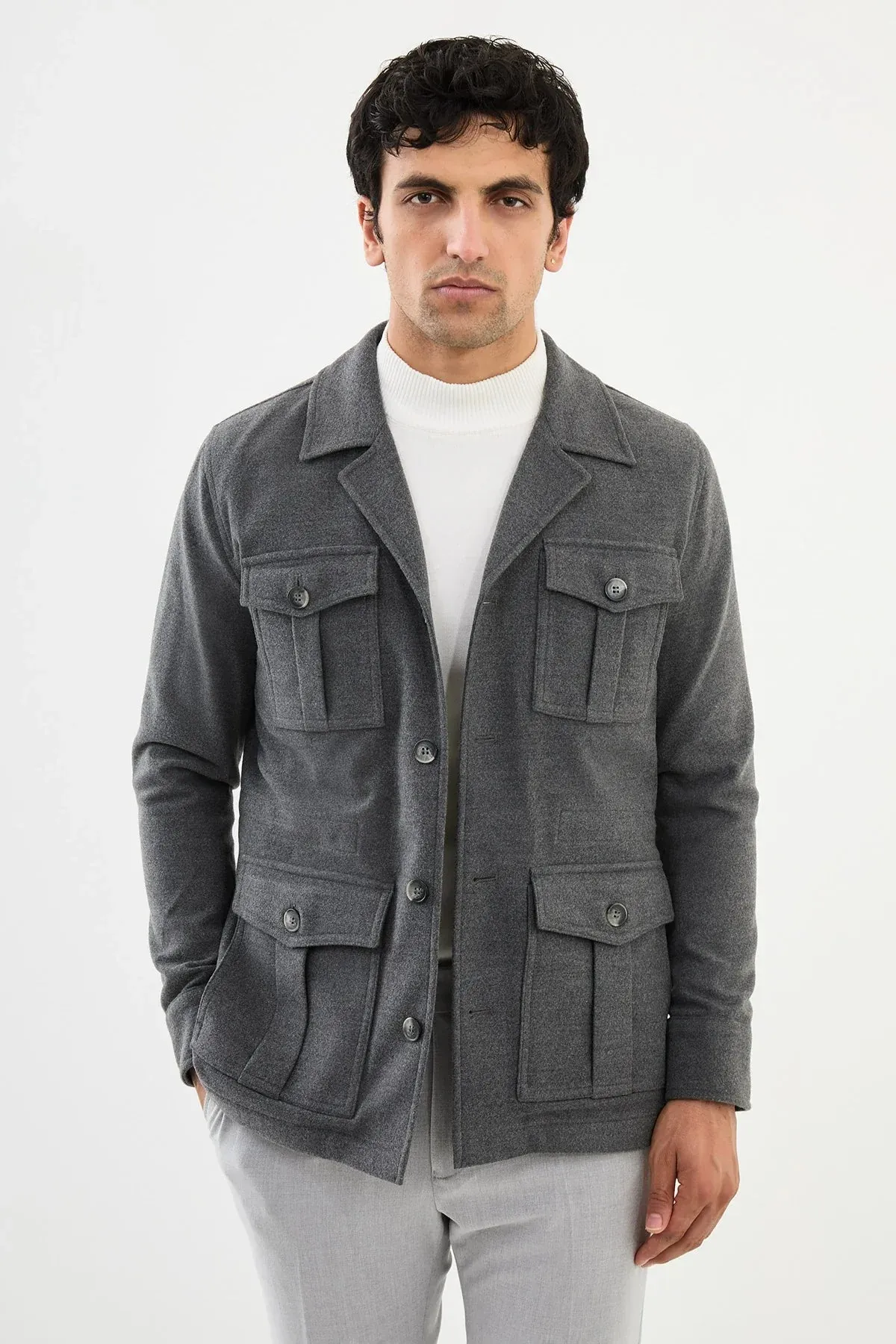 Brabion Eden Safari Plain Gray Slim Fit Coat