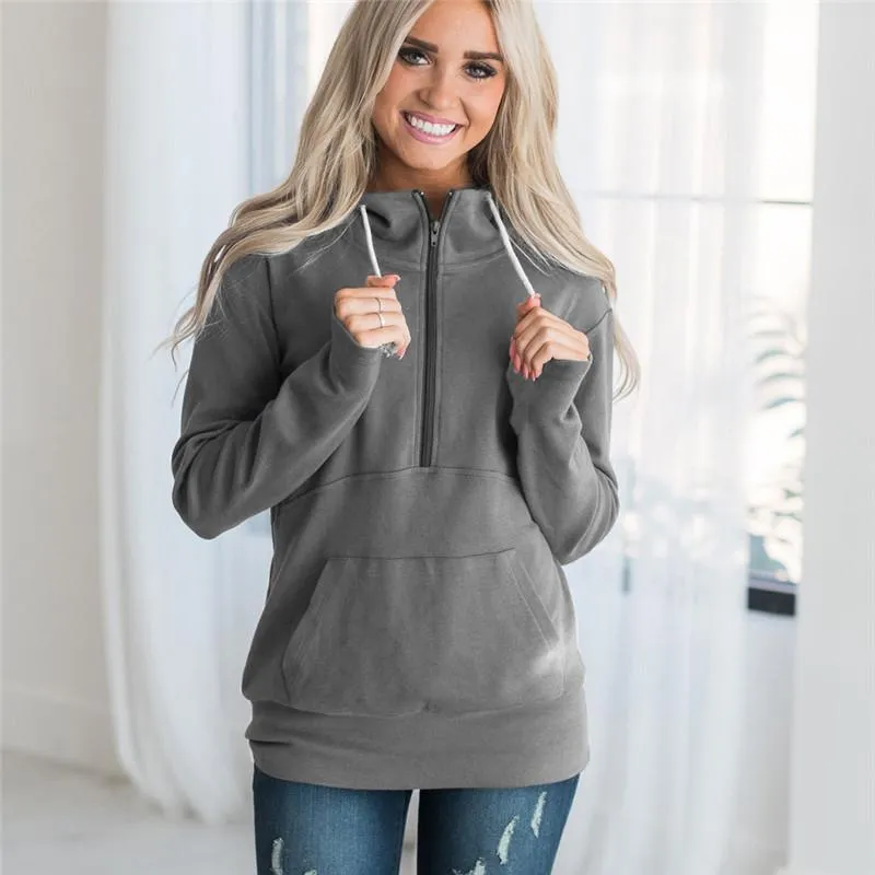 Drawstring Zipper Pocket Stand Collar Women Sweatshirt