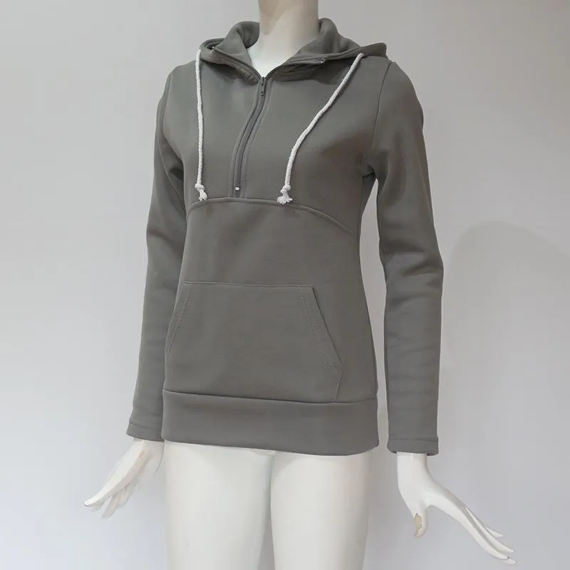 Drawstring Zipper Pocket Stand Collar Women Sweatshirt