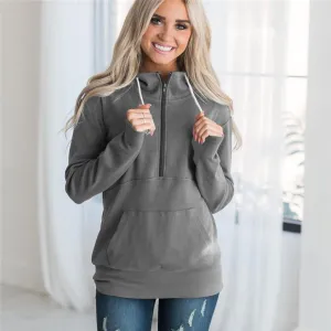 Drawstring Zipper Pocket Stand Collar Women Sweatshirt