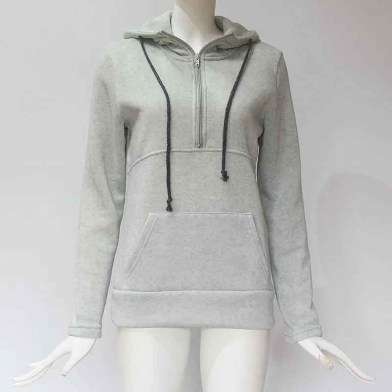 Drawstring Zipper Pocket Stand Collar Women Sweatshirt