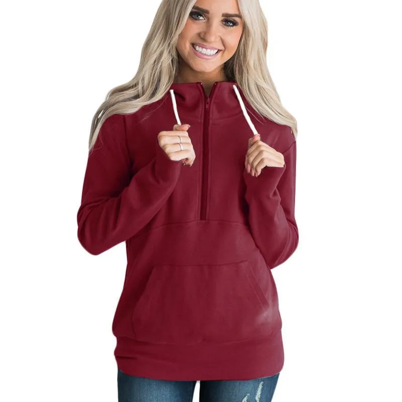 Drawstring Zipper Pocket Stand Collar Women Sweatshirt