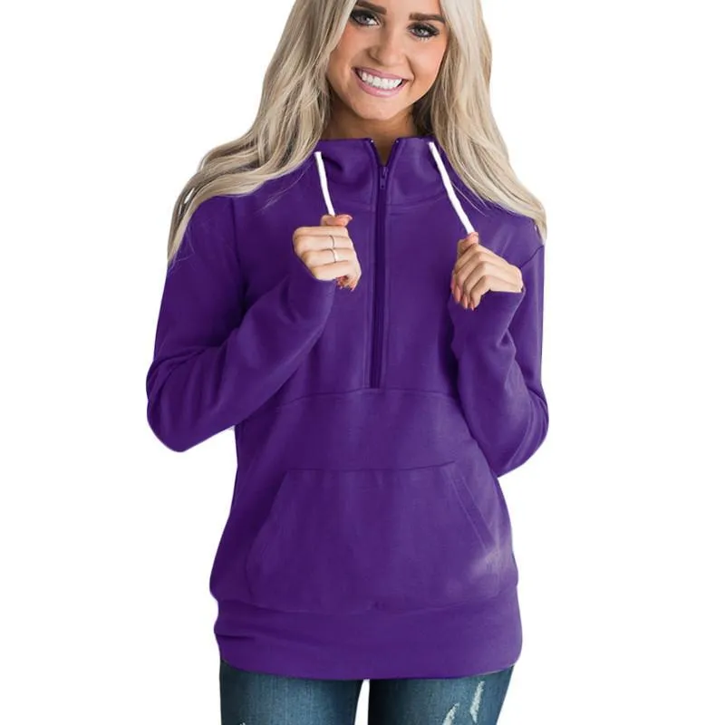 Drawstring Zipper Pocket Stand Collar Women Sweatshirt
