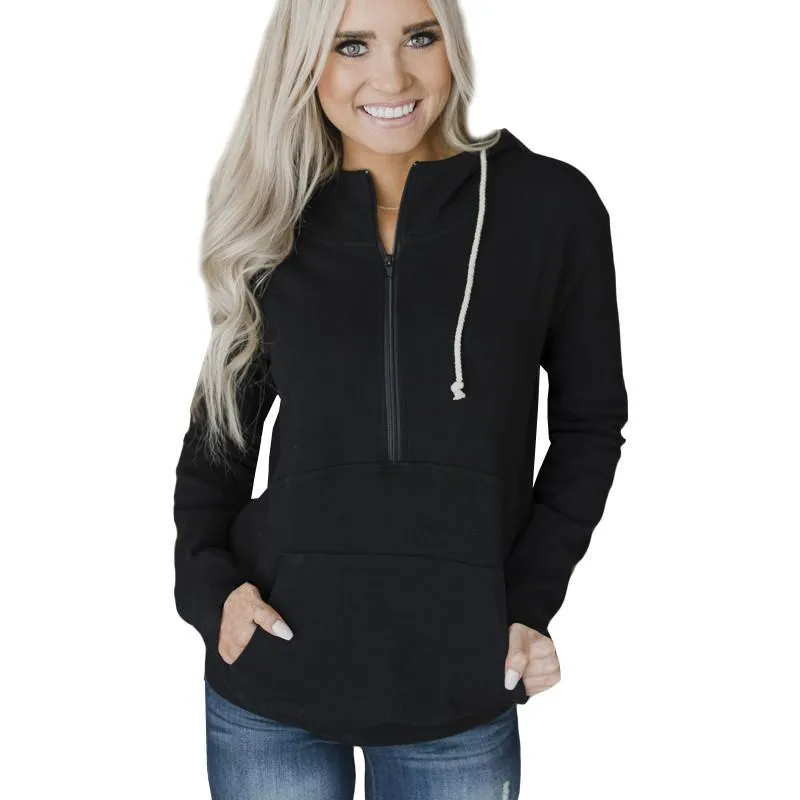Drawstring Zipper Pocket Stand Collar Women Sweatshirt