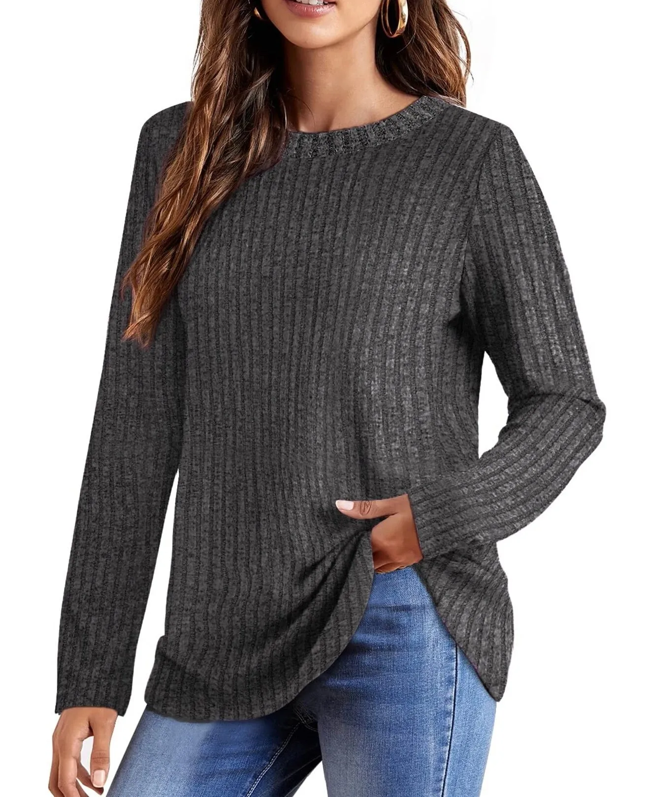 Fantaslook Long Sleeve Shirts for Women Crew Neck Casual Tunic Tops Lightweight Pullover