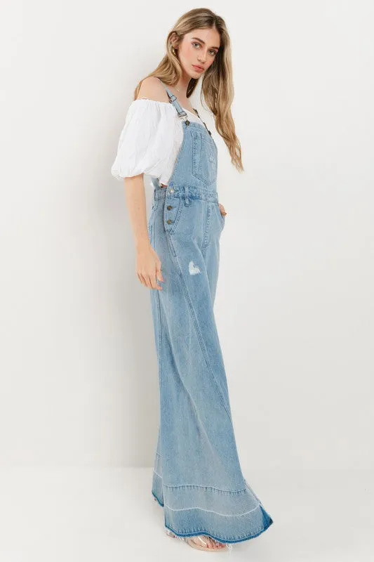 Light Denim Wide Leg Distressed Denim Overalls