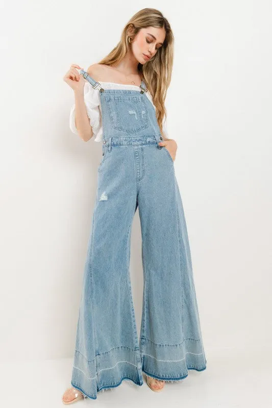 Light Denim Wide Leg Distressed Denim Overalls