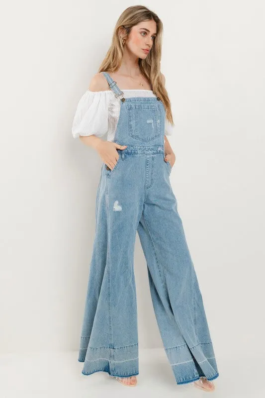 Light Denim Wide Leg Distressed Denim Overalls