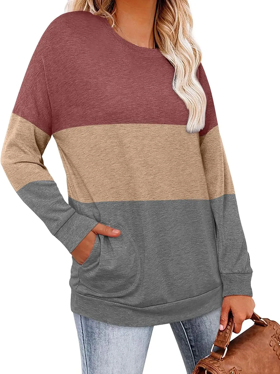 Magritta Womens Tunic Tops Casual Long Sleeve Round Neck Stretchy Loose Fit Sweatshirt Pullover Shirts with Pockets