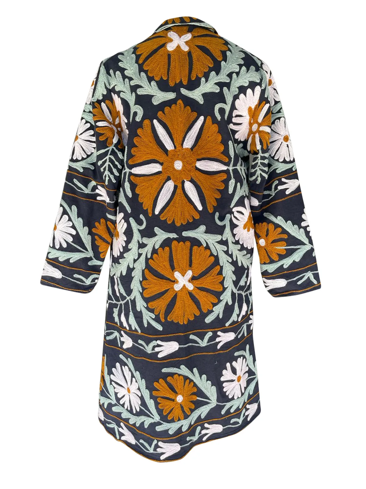MALIKA COAT - Suzani Embroidery Black With Sage & Brown