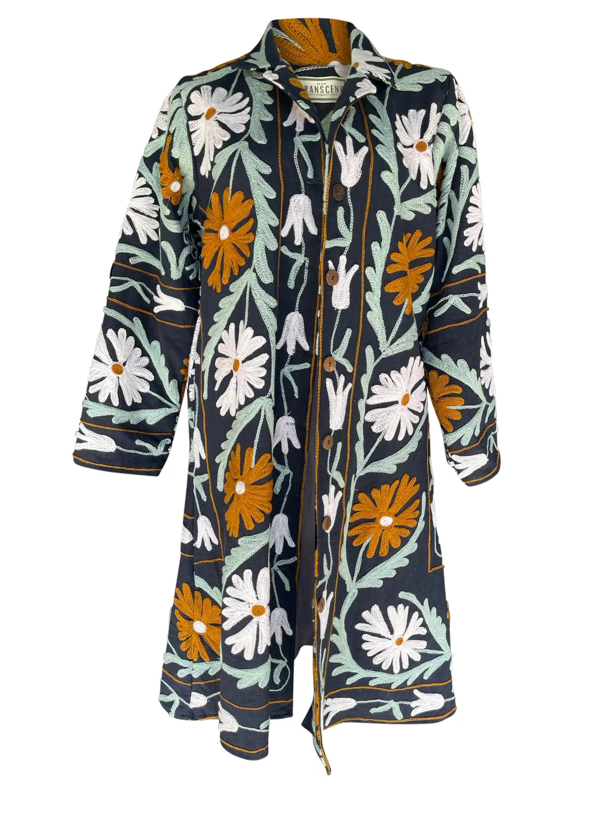 MALIKA COAT - Suzani Embroidery Black With Sage & Brown