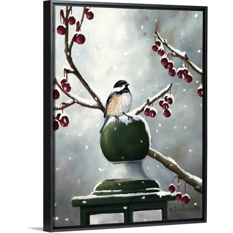 "Chickadee In The Snow" Black Float Frame Canvas Art