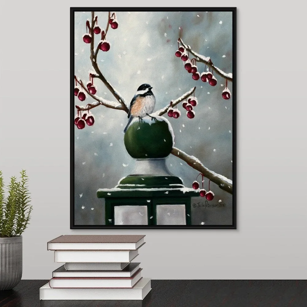 "Chickadee In The Snow" Black Float Frame Canvas Art