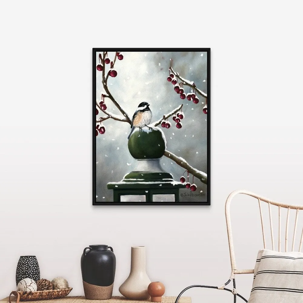 "Chickadee In The Snow" Black Float Frame Canvas Art