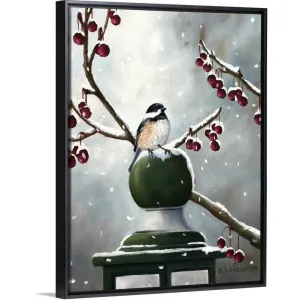 "Chickadee In The Snow" Black Float Frame Canvas Art