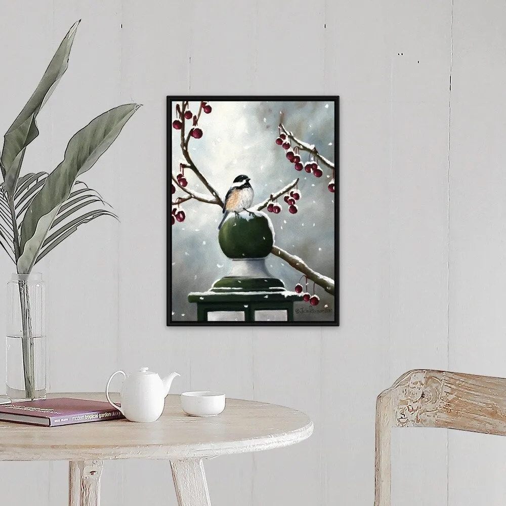 "Chickadee In The Snow" Black Float Frame Canvas Art