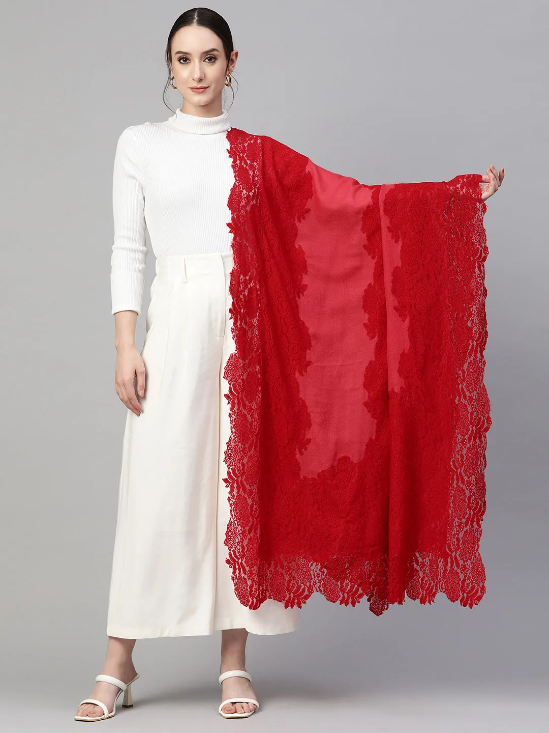 Red Lace Shawl Made of Fine wool