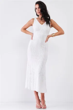 Snow Queen White Sequin Sleeveless V-Neck Fitted Flare Midi Dress /4-2