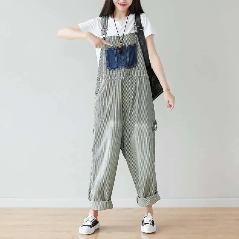 Summer Cotton Striped Casual Overalls with Pockets for Women