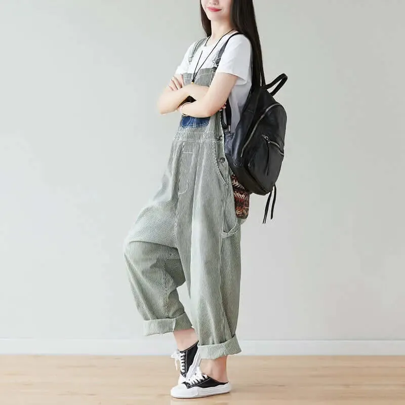 Summer Cotton Striped Casual Overalls with Pockets for Women