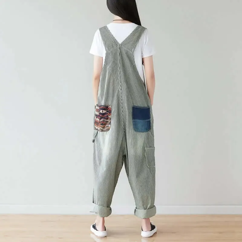 Summer Cotton Striped Casual Overalls with Pockets for Women
