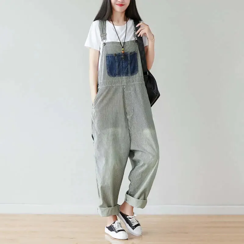 Summer Cotton Striped Casual Overalls with Pockets for Women