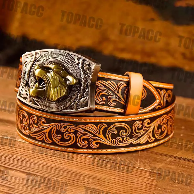 TOPACC Western Genuine Leather Pattern Tooled Belt -Square Buckle with Block