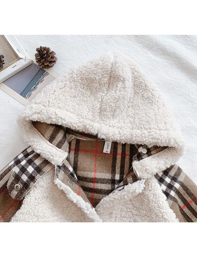 Trendy Little Girl Berber Fleece Checked Hooded Jacket