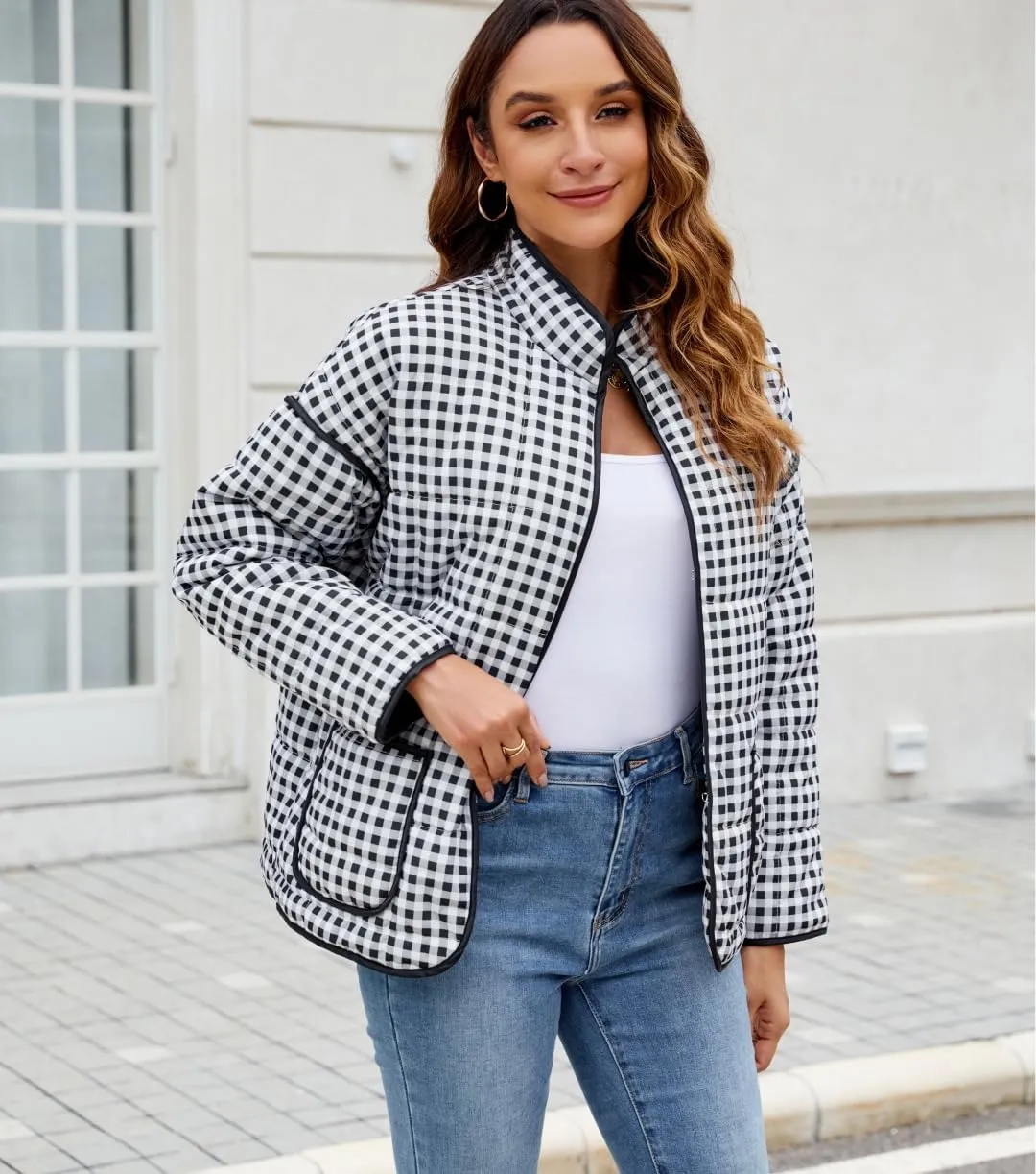 Women's Cropped Floral Quilted Jacket Lightweight Open Front Padded Puffer Coat