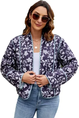 Women's Cropped Floral Quilted Jacket Lightweight Open Front Padded Puffer Coat