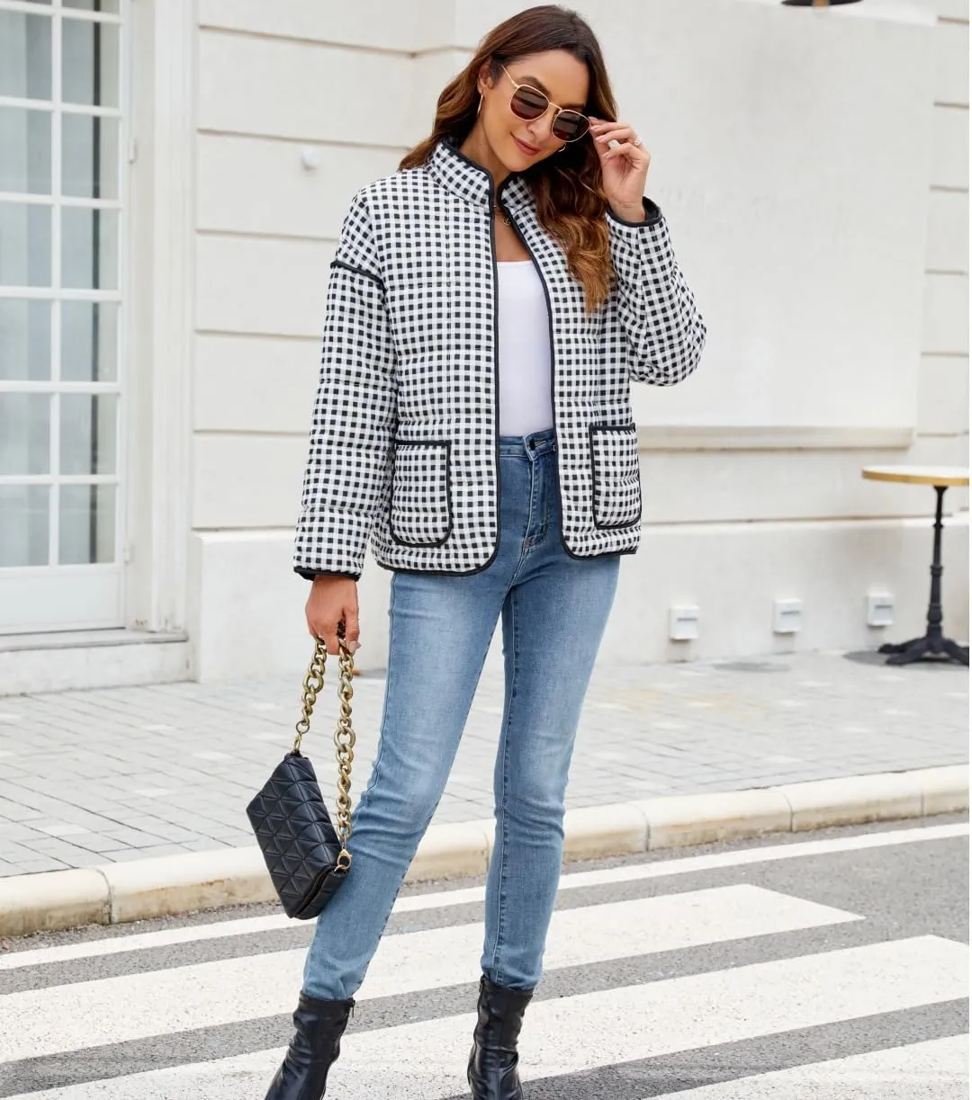 Women's Cropped Floral Quilted Jacket Lightweight Open Front Padded Puffer Coat