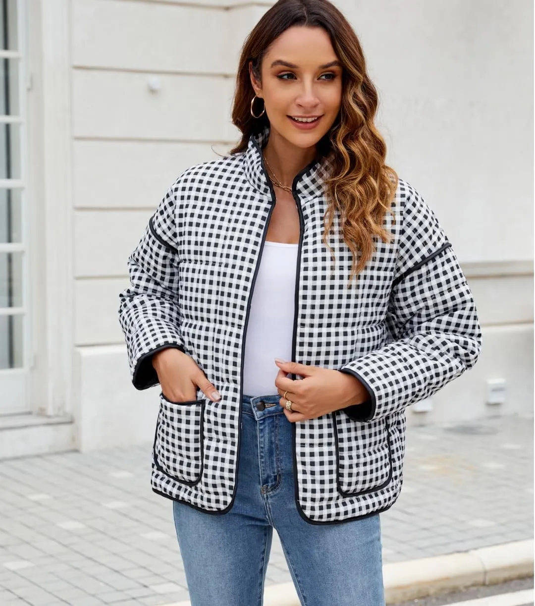 Women's Cropped Floral Quilted Jacket Lightweight Open Front Padded Puffer Coat