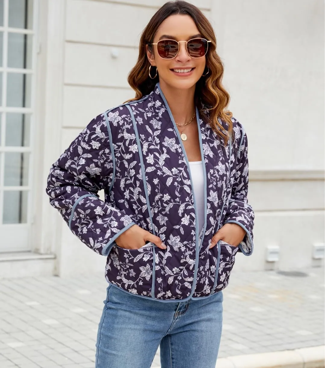 Women's Cropped Floral Quilted Jacket Lightweight Open Front Padded Puffer Coat