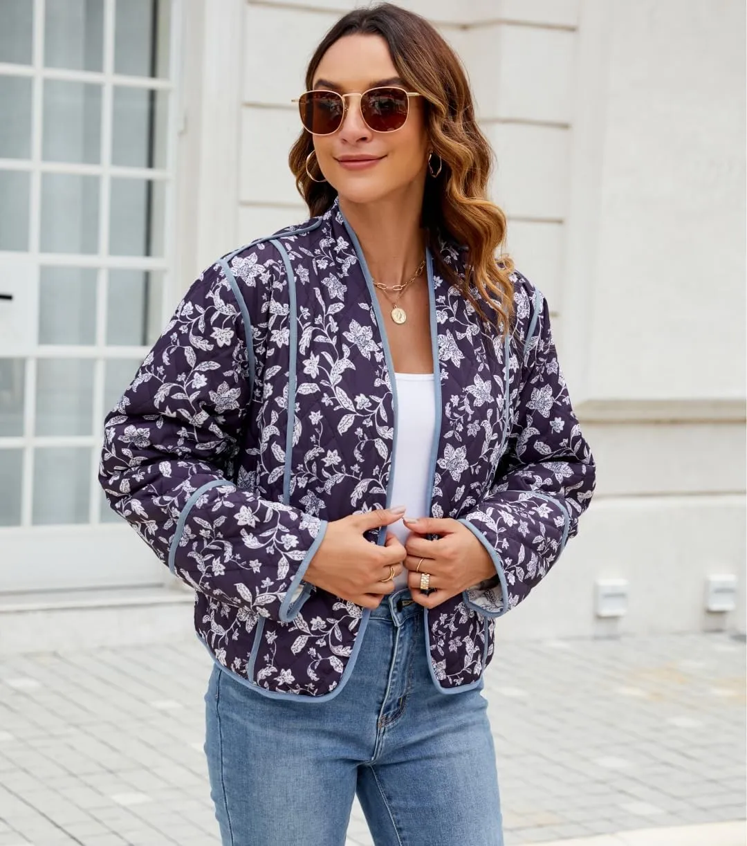 Women's Cropped Floral Quilted Jacket Lightweight Open Front Padded Puffer Coat