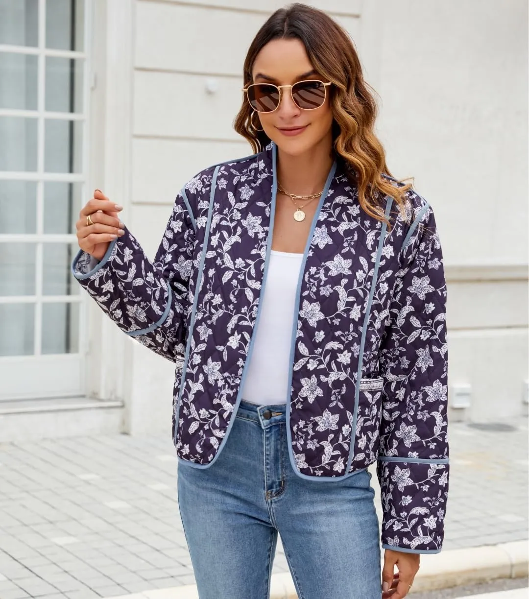 Women's Cropped Floral Quilted Jacket Lightweight Open Front Padded Puffer Coat