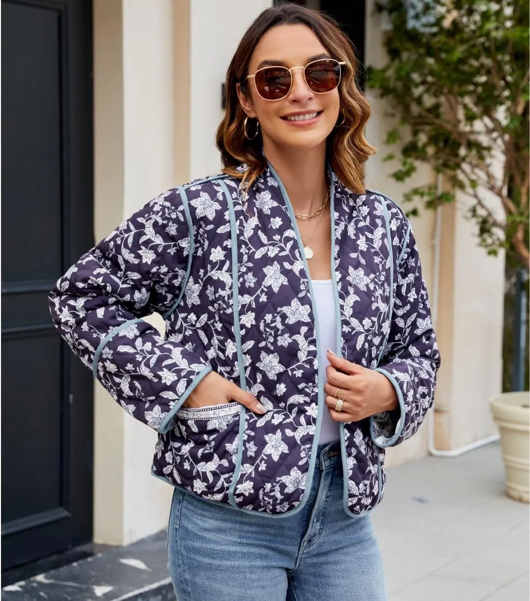 Women's Cropped Floral Quilted Jacket Lightweight Open Front Padded Puffer Coat